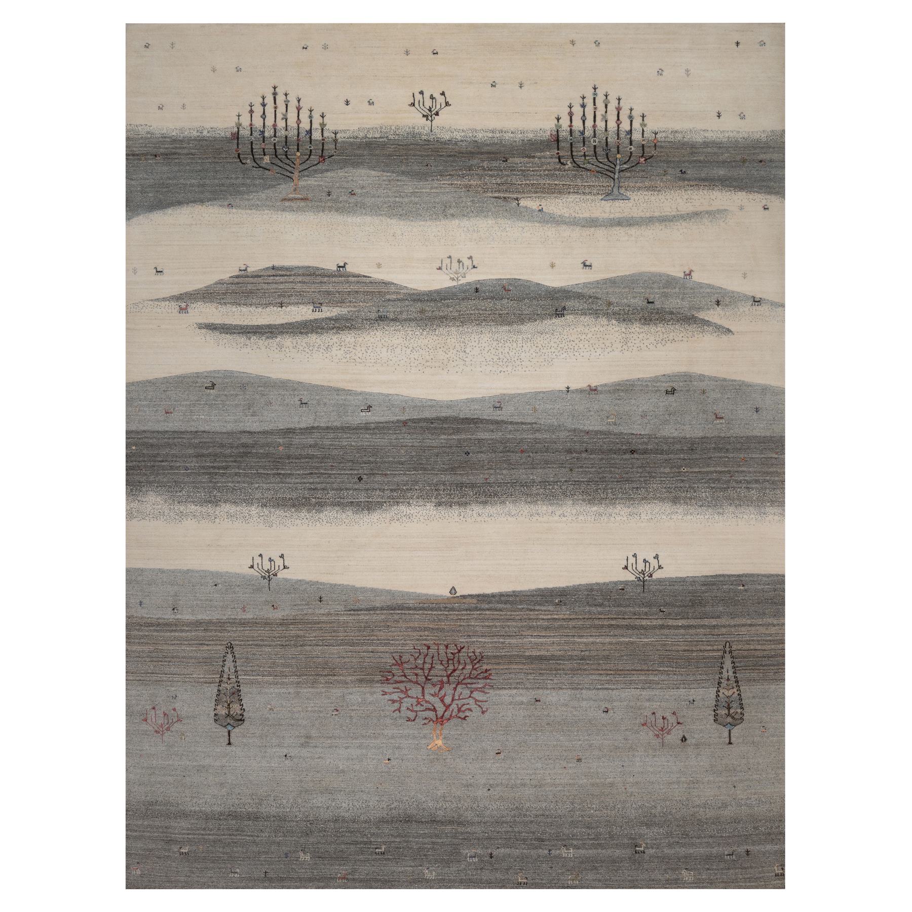 Dove Gray, Modern, Lori Buft Gabbeh with Pictorial Design, Small Animal Figurines, Hand Knotted, Soft Pile, Thick and Plush, Pure Wool, Oriental Rug